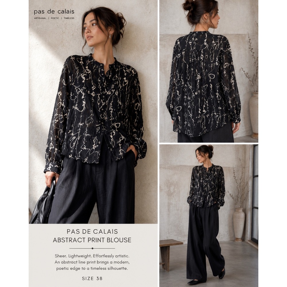 Pas de Calais Abstract Line Art Blouse Black Sheer Avant Garde Size 38